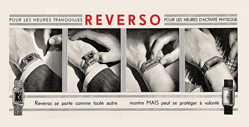 إعلان فرنسي عن ساعة ريفيرسو يعود إلى عام 1932. 