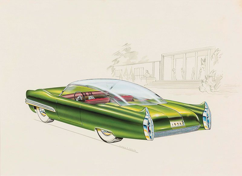 لوحة سیارة Lincoln XL-500 Concept Car، التي أبدعها تشارلز ي. بالوغ Charles E. Balogh عام 1952، في معهد ديترويت للفنون