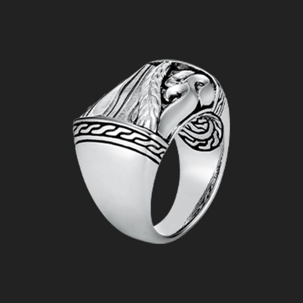 خاتم نقش عليه شكل سلسلة تقليدية، ومشغول من الفضة الاسترلينية والفولاذ الدمشقي، من جون هاردي