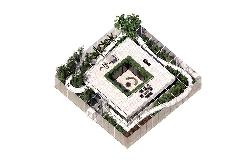 منظر جوي لمنزل لويس تزينه حديقة، وشرفة على السطح، وجدار زجاجي يطوق الحدود الخارجية للملكية.