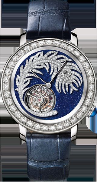 ساعة التوربيون Epure Tourbillon Plume de Paon، صيغت في علبة من الذهب الأبيض رُصع قرصها بالألماس الذي أثرى ضياؤه أيضا الميناء المشغول من حجر الأفنتورين.