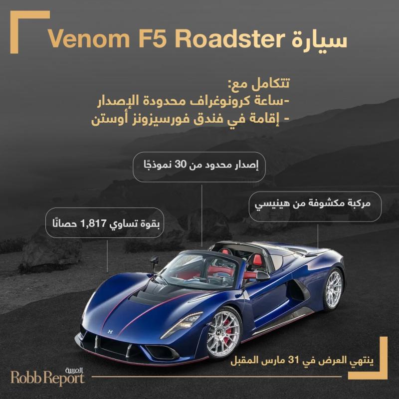 تولّد سيارة Venom F5 Roadster من هينيسي، والتي يقتصر إنتاجها على 30 نسخة، قوة تساوي 1,817 حصانًا. 