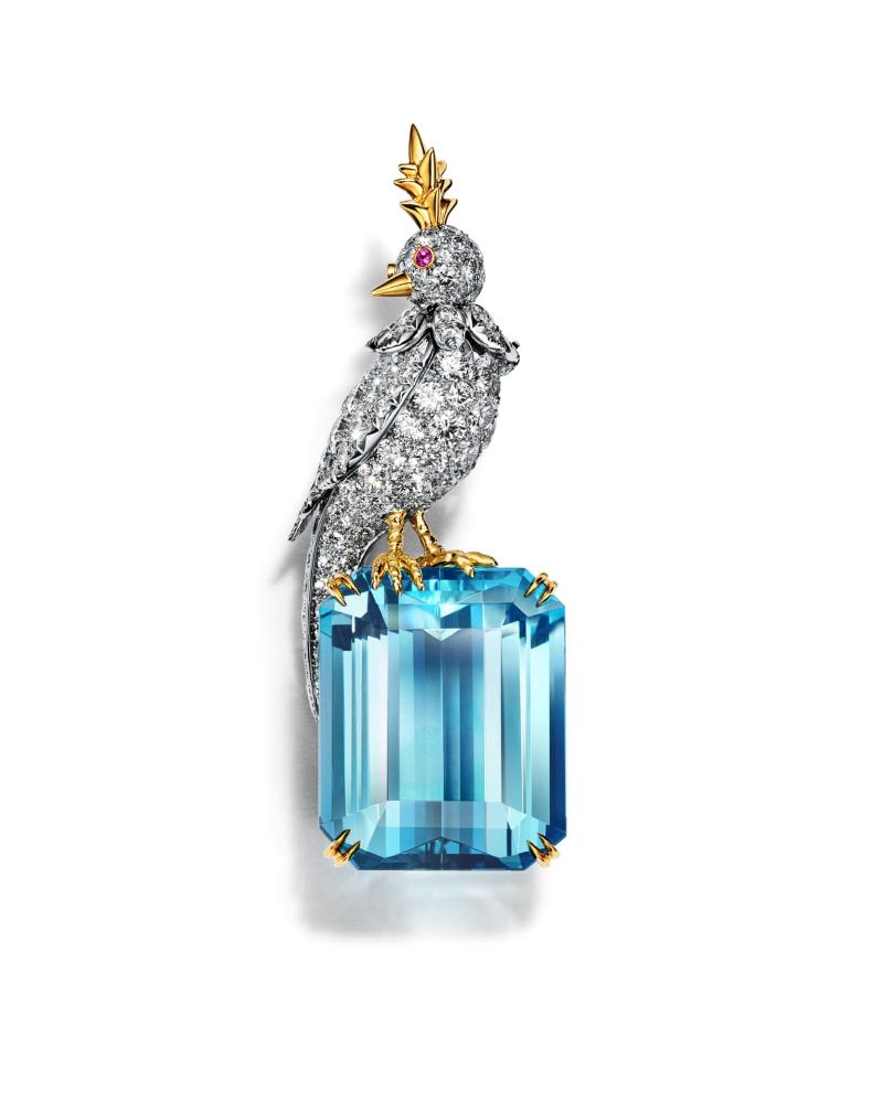 مشبك Bird on a Rock المرصع بالأكوامارين