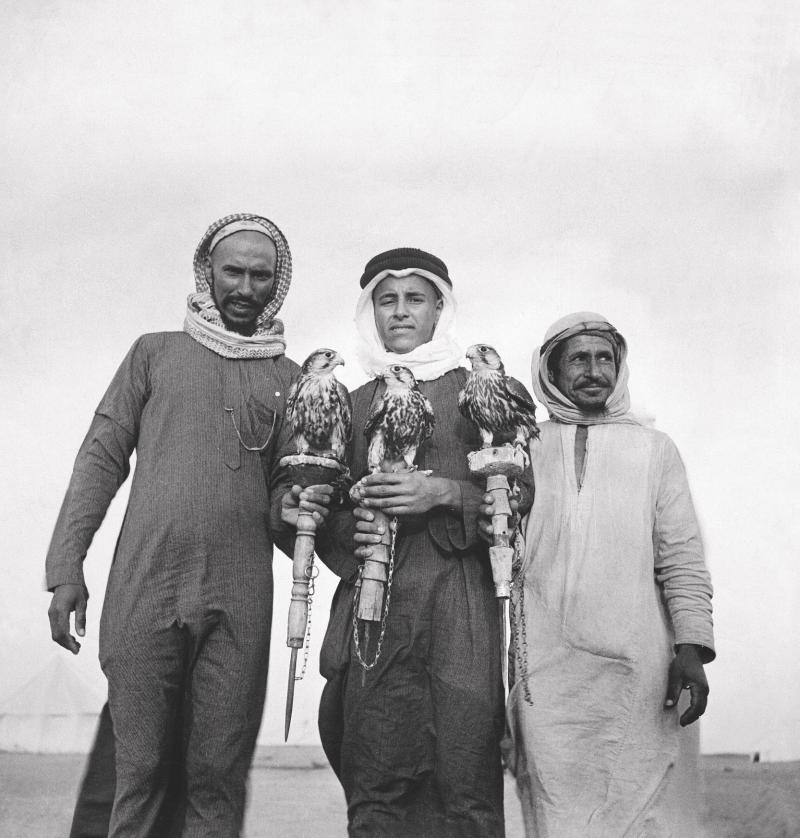 صورة من عام 1942 لصقّارين في المملكة مع صقورهم.