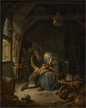  A cottage interior with an old woman delousing a boy’s hair