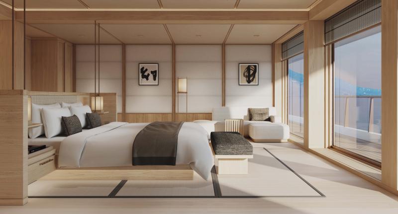 تستلهم فسحات الإقامة والمجالس على متن يخت Amangati عمارة نُزل الريوكان اليابانية التقليدية. 