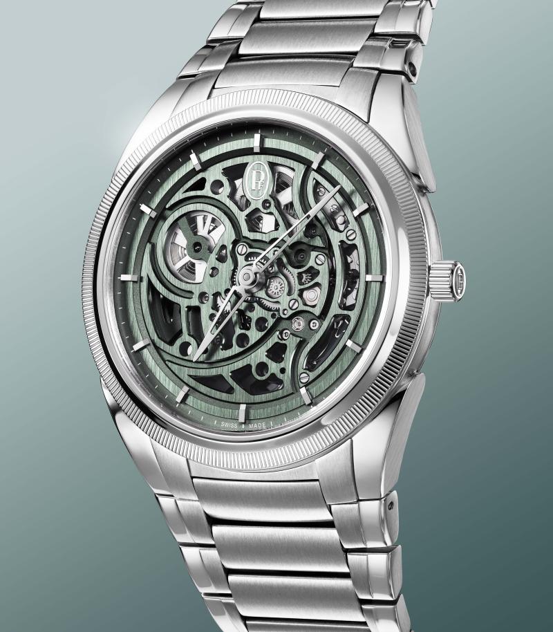 تزهو ساعة Tonda PF Skeleton Slate Green بتصميمٍ هيكلي يثريه لون أخضر مشرق مستوحى من لوحة الألوان التي طعّم بها لو كوربوزييه إنشاءاته المعمارية.