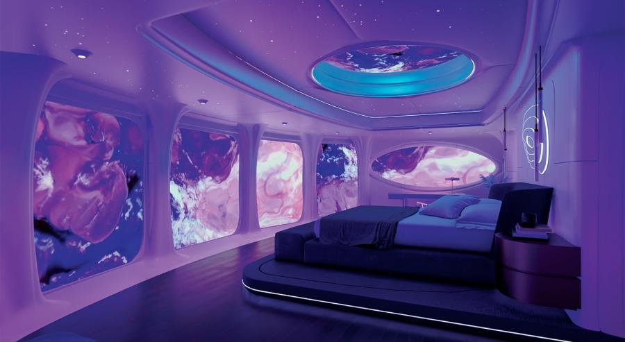 مفهوم تصميمي من Immersive International لمقصورة تحيط بها أوراق جدران رقمية تأسر الأبصار. 